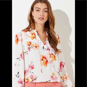 LOFT Floral Print Blouse - White, Pink, Orange XL V Neck Tie